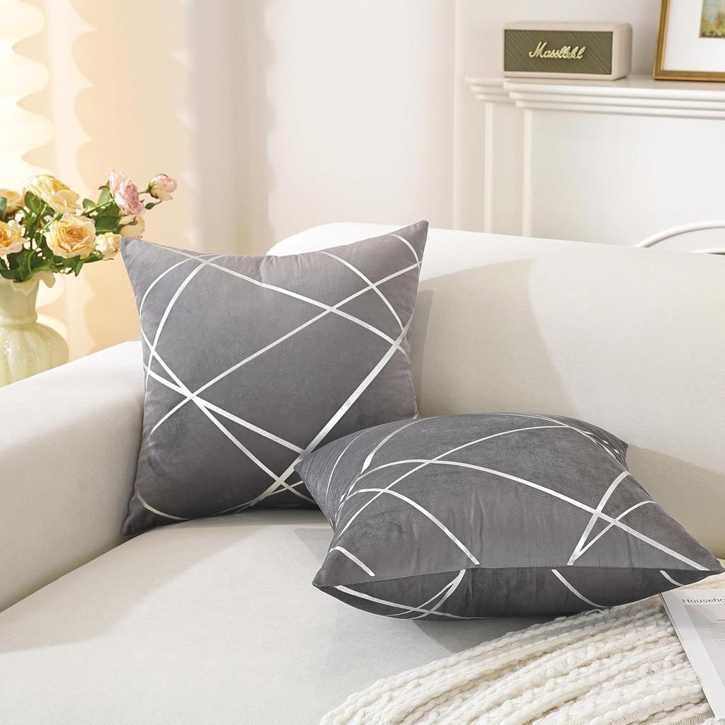 TAOSON Pack of 4,Velvet Cushion Cases Decorative Silver Foil Geometric Lines Pattern Throw Pillow Covers for Modern Homes Couch Sofa Bedroom Living