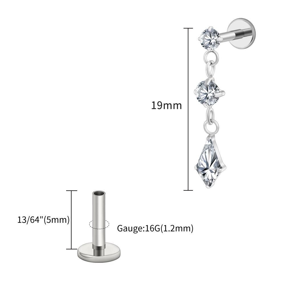 Right Grand ASTM F136 Titanium Dangling CZ Drop Piercing 16G Dangle Chain Kite Shape Cartilage Helix Stud Flat Back Earring