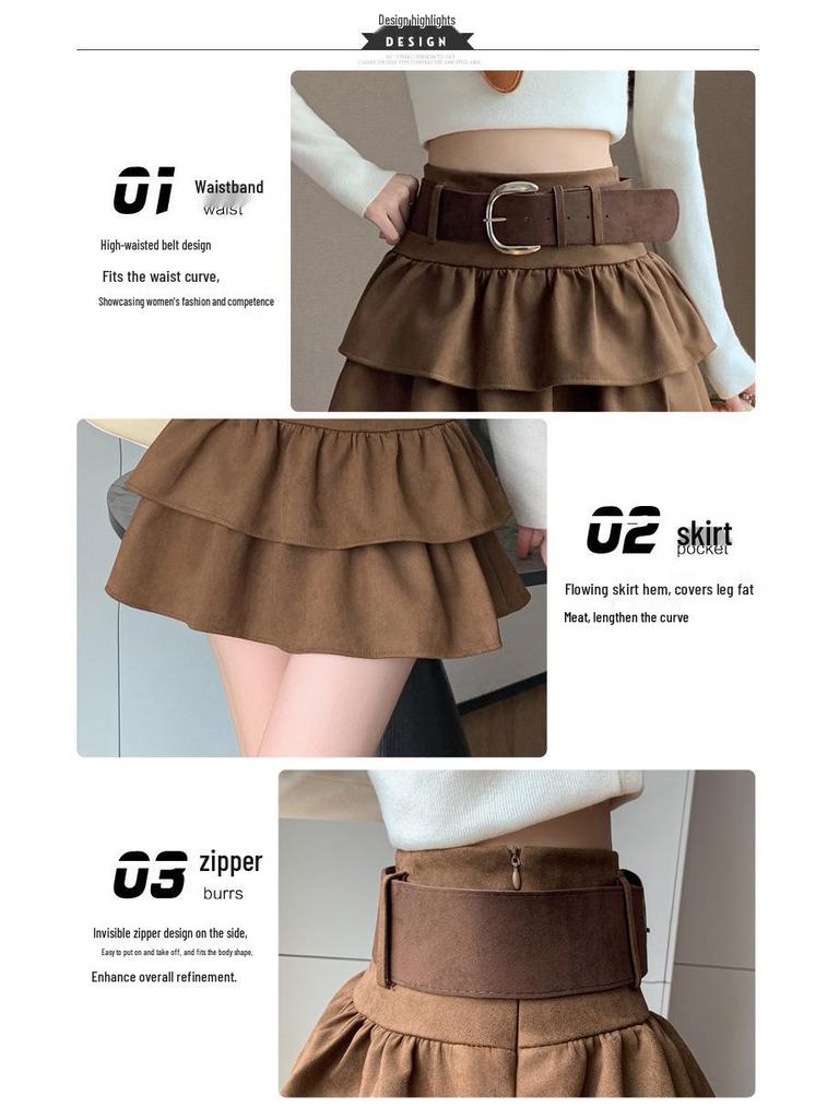 Air Layer Suede Plush High Waist Petite Slimming A-Line Skirt - 2025 Autumn/Winter Collection
