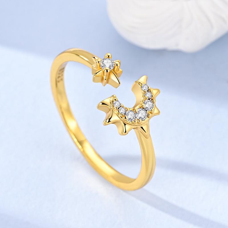 Copper Golden Collection Open Ring Authentic Star Shape Moon Zircon Wedding Anniversary Rings Jewellery Gift Ideal For Women