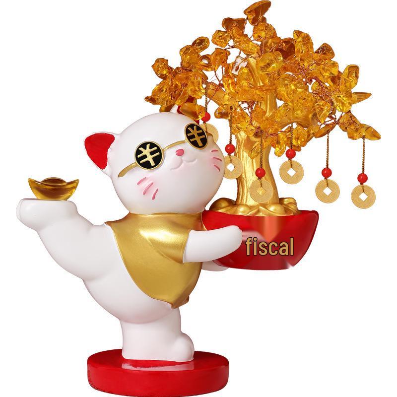Lucky Cat Crystal Wealth Tree Ornament - High-End Housewarming Gift.