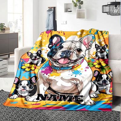Colorful French Bulldog Home Customize Your Name Blankets Soft And Cozy Lightweight Quilted Blanket Perfect For Picnics Sofa Office Bed Living Room