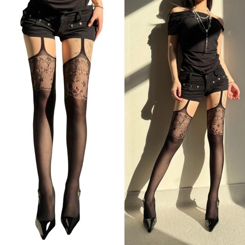 Women's Garter Belt Tights Patterned Fishnet Thigh High Stockings Tights High Waist Pantyhose Suspender Pantyhose Gifts