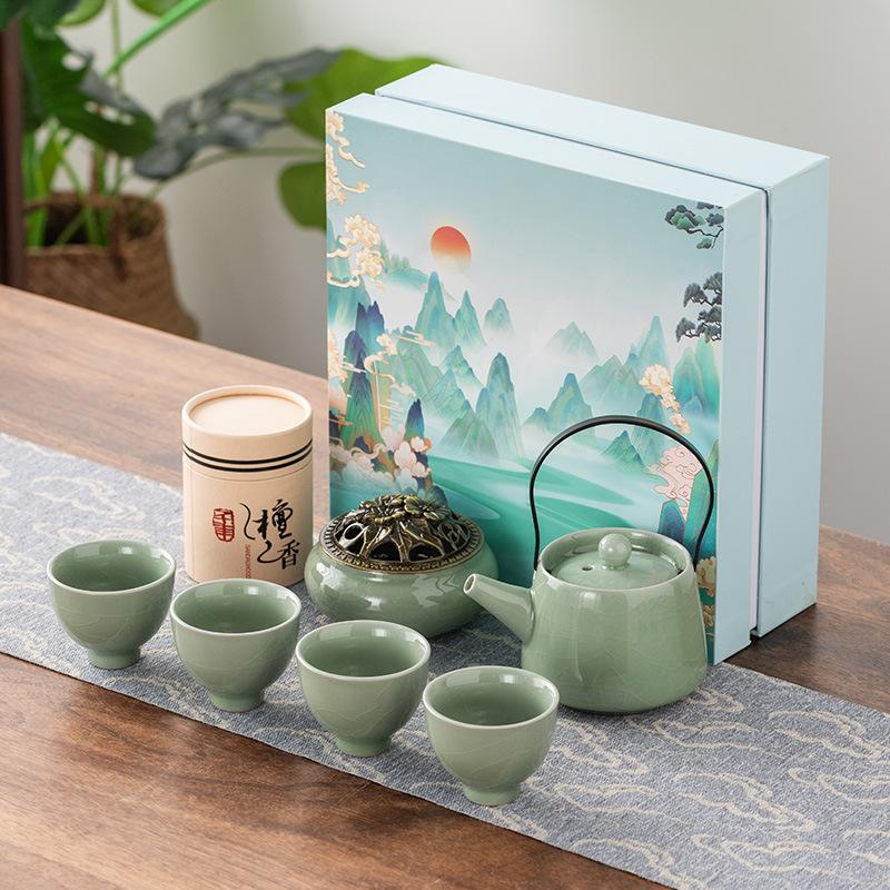 Guochao Business Dragon Boat Festival Mid-Autumn Festival Gift Tea Set One Pot Four Cups Ge Yao Xi Shi Pot Sandalwood Combination Set