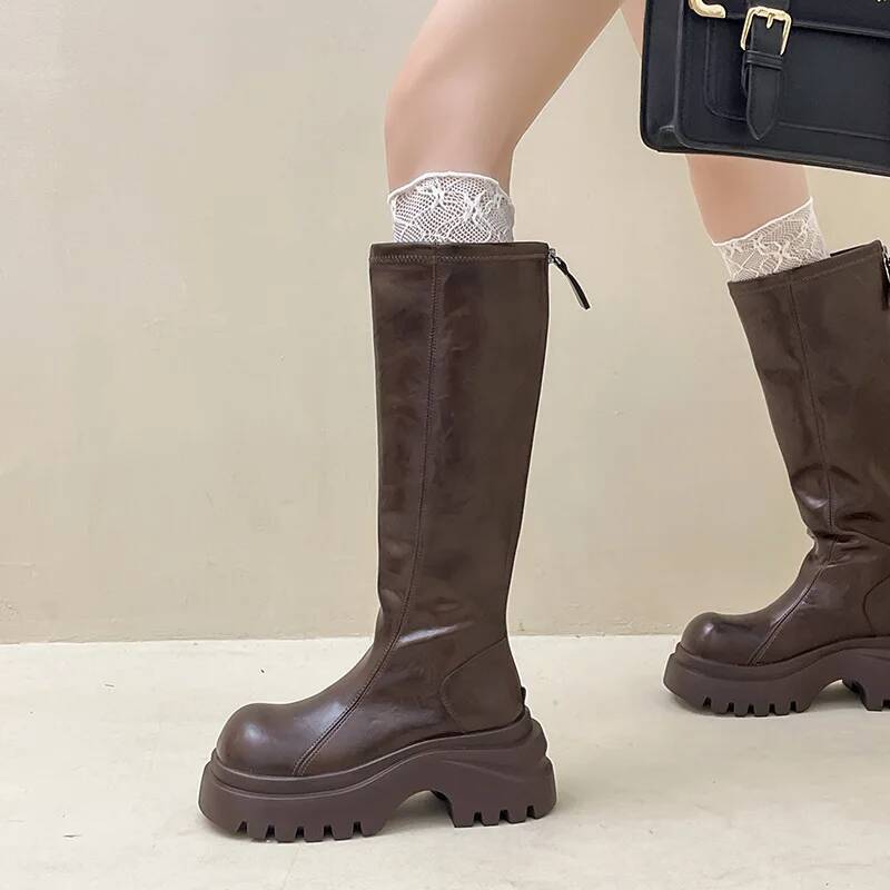 Leather Boots Women'S Stylish Camel Tone Boots Autumn Winter Retro Versatile Round Toe Thick Soled Slip On Knee High Boots