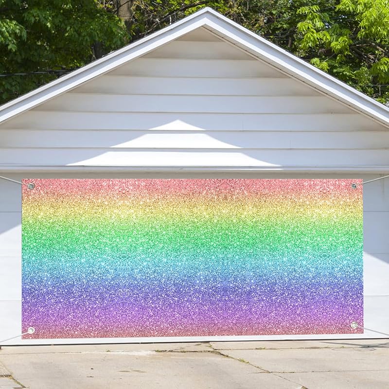 Colorful Rainbow Printed Garage Door Decorations Background (No Glitter) Party Photography Backdrop Kids Girl Princess Birthday Outdoor Banner Party 8X6FT