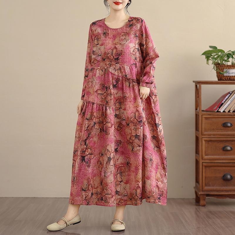DIMANAF New 2026 Women Plus Size Spring Summer Vintage Long Dress Loose Oversize Long Sleeve Maxi Floral Print