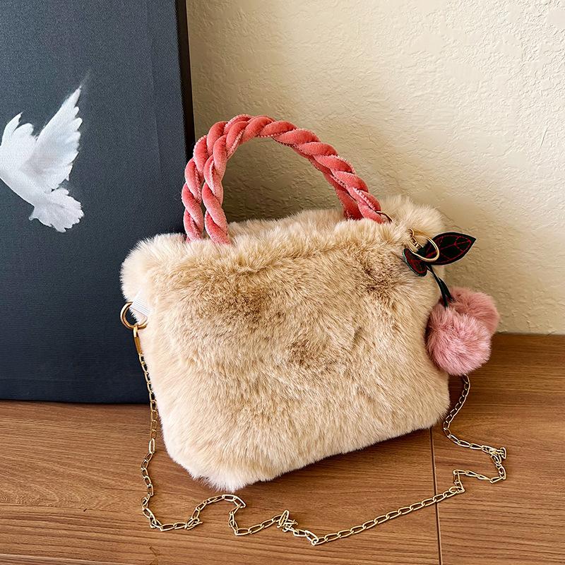 Solid Color Plush Cherry Square Bag Women's Versatile Fashion Chain Shoulder Messenger Bag Winter Small Tote Handbag Bag