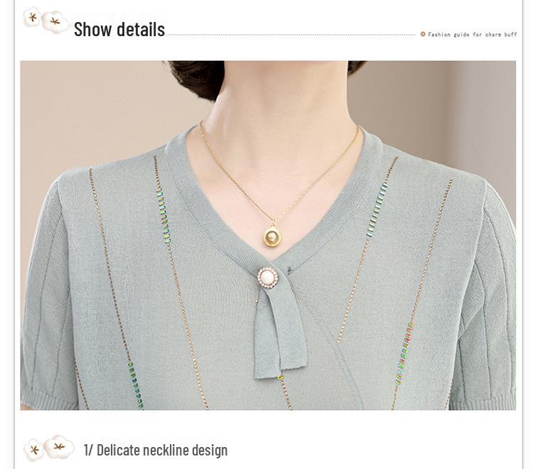 Mom's Summer Ice Silk Knit Top - Short Sleeve, Small Size for Women Aged 40-50