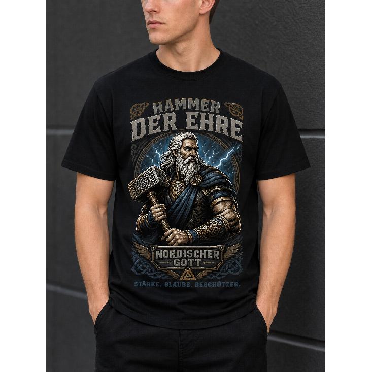 Herren Nordic Mythology Grafik-T-Shirt mit von Thor inspiriertem Krieger-Design, Kurzarm Rundhals Weiche Baumwollmischung für Freizeitkleidung
