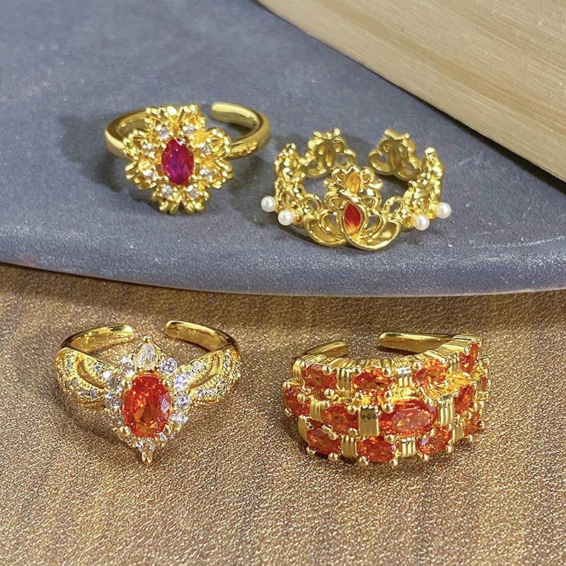 French Court Medieval Light Luxury Colored Treasure Red Zir*****Pen Ring Fashion Niche Light Luxury High-End Ring Woman