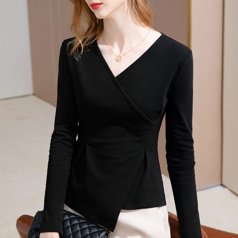 Neck bottoming shirt women's new women's cross v-neck long-sleeved cotton t-shirt irregular design niche top