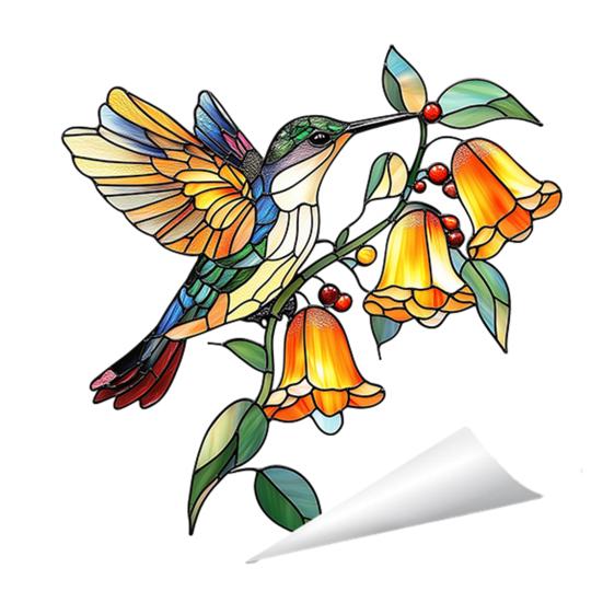 Spring Window Cling, Stained Glass Floral Birds Butterflies Decorative Sticker, Reusable Static Glass Decal for Home, Office, L