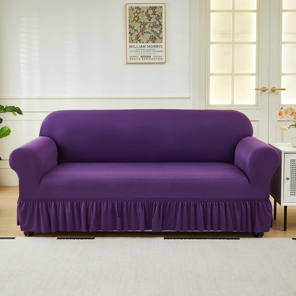 Elastic Solid Color Sofa Cover Full Protection Slip Resistant Minimalist Skirted Design