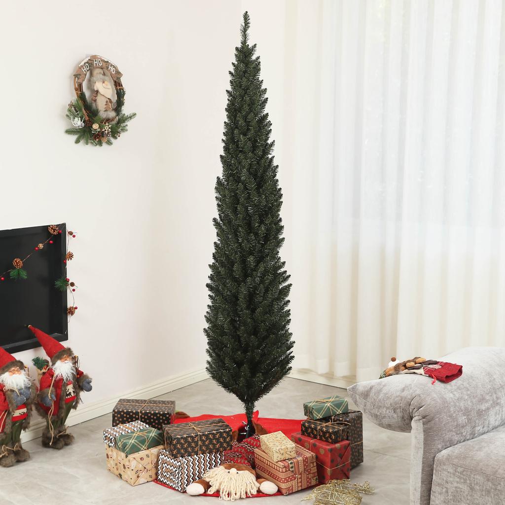 Slim Christmas Tree 195 cm Tall Space-Saving with 390 Branches with Steel Base for Indoors, Green