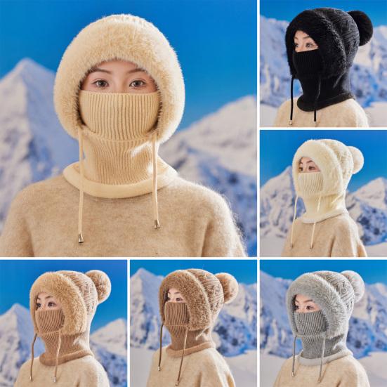Knitting Hat Women Windproof Insulated Design Winter Hat with Plush Ball 3-in-1 Thickened Hat Face Guard Scarf