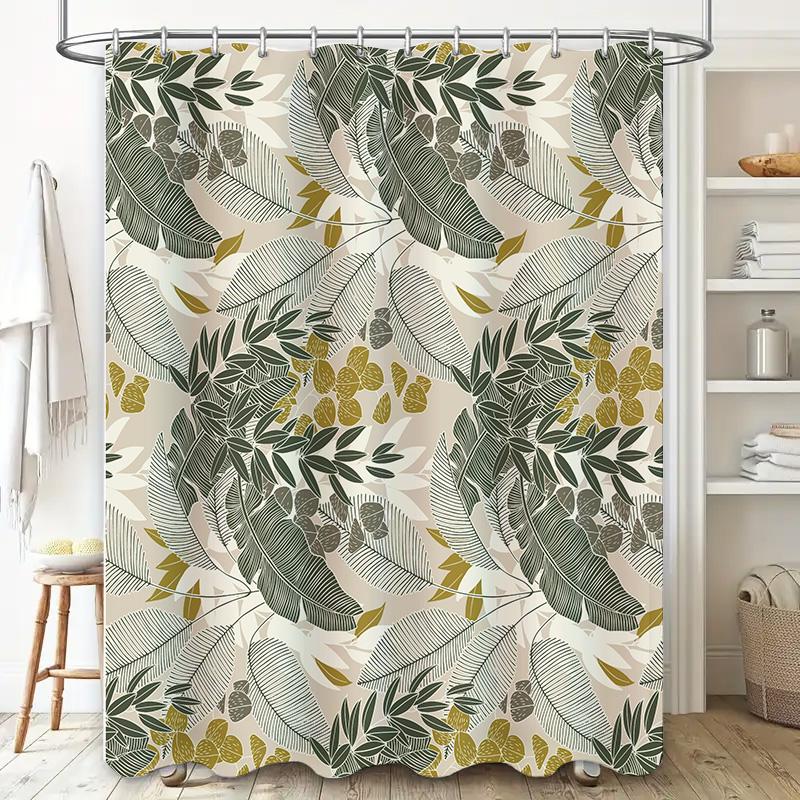 Green Leaves Shower Curtain Fabric Waterproof Bath Decorative Home Decor Modern Simple White Bathroom Rug Mat