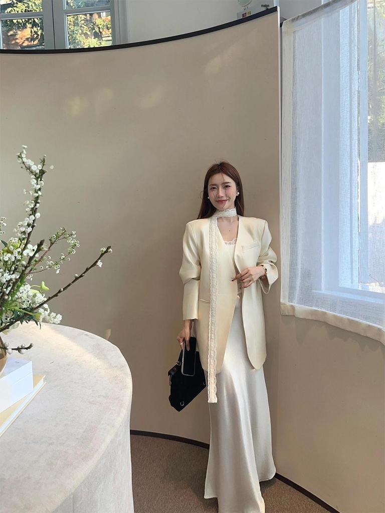 Women's Satin Blazer Jacket - Spring/Autumn 2025, Small Size, Socialite Niche Design