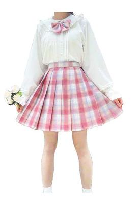 No-brand Women's Cosplay Fashion Outfit, Size XL, Pink Anime Round Collar Chiffon Blouse and Skirt with Ribbon