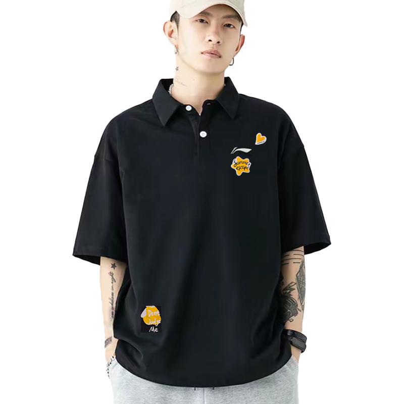 Li Ning Heart Solid Color Breathable Casual Short Sleeve Polo Shirt Unisex Polo Shirts Black APLT1371-1(TEAM702-B7)