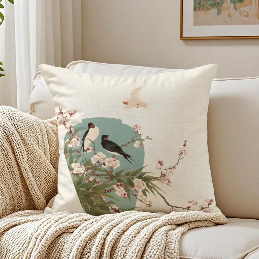 C-Chinese Style Simple Bird Flowers Cushion Cover Pillowcase Anti-Dustmite Living Room Sofa Decor Cushion Room