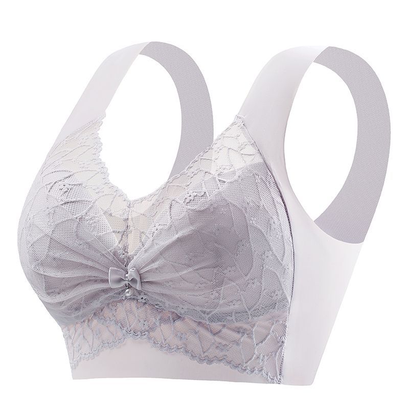 Beige Floral Lace Wireless Bra Comfortable Lift Up Anti-Sagging Bralette with Wide Straps