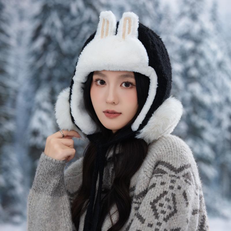 Sweet and Versatile Three dimensional Rabbit Ear Plush Lei Feng Hat Autumn and Winter Outdoor Leisure Windproof Ear Protection Hat Cute Warm Hat