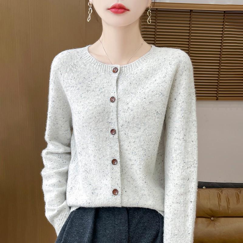 Women's Speckled Yarn Wool Cardigan - Loose Round Neck, Long Sleeve, Thick Knit Sweater for Autumn/Winter
