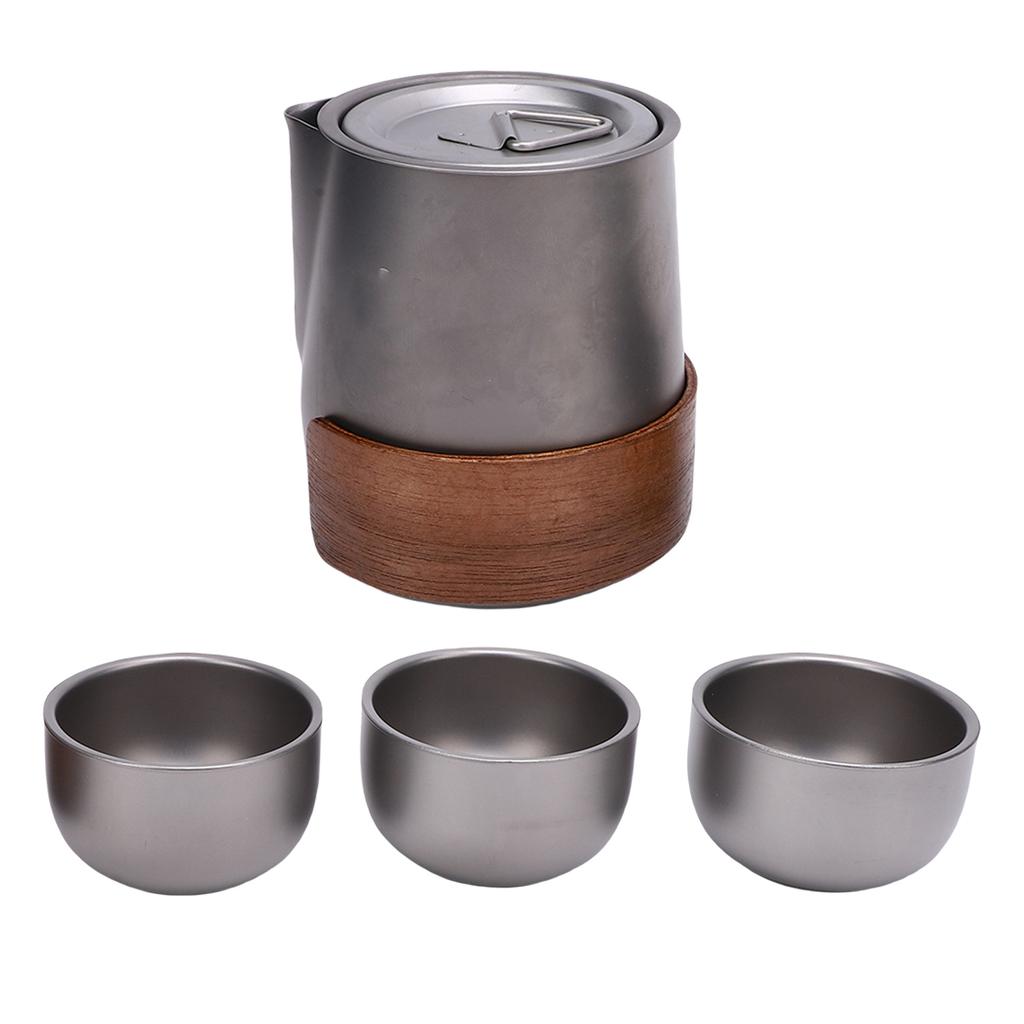 Travel Teapot Set Ti Alloy Portable Small Tea Pot with Removable Infuser 3 Cups and Storage Bag for Outdoor Picnic Camping