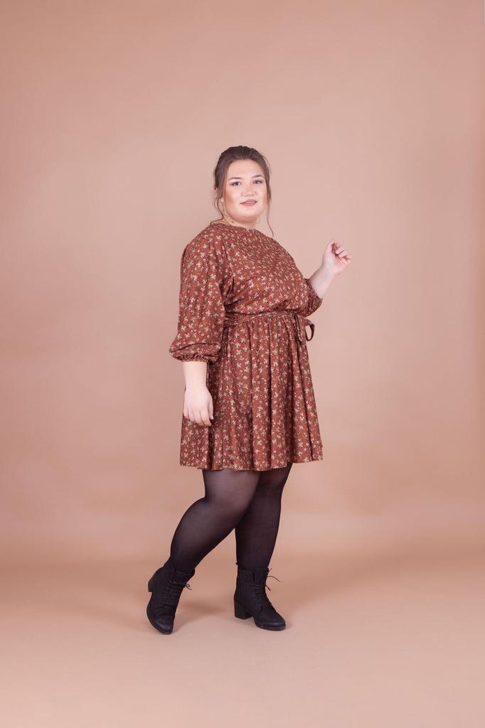 Women's Big Size Dress Plus Size Tan Velvet Floral Patterned Bat Sleeve Dress