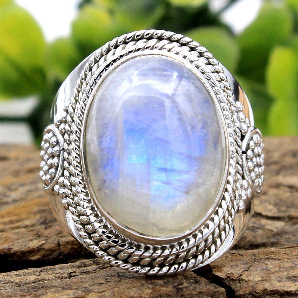 

Natural Moonstone Ring Lady 925 Silver Jewelry Retro Party Ring 10x14MM Large Ellipse Gem Gift 6 белый