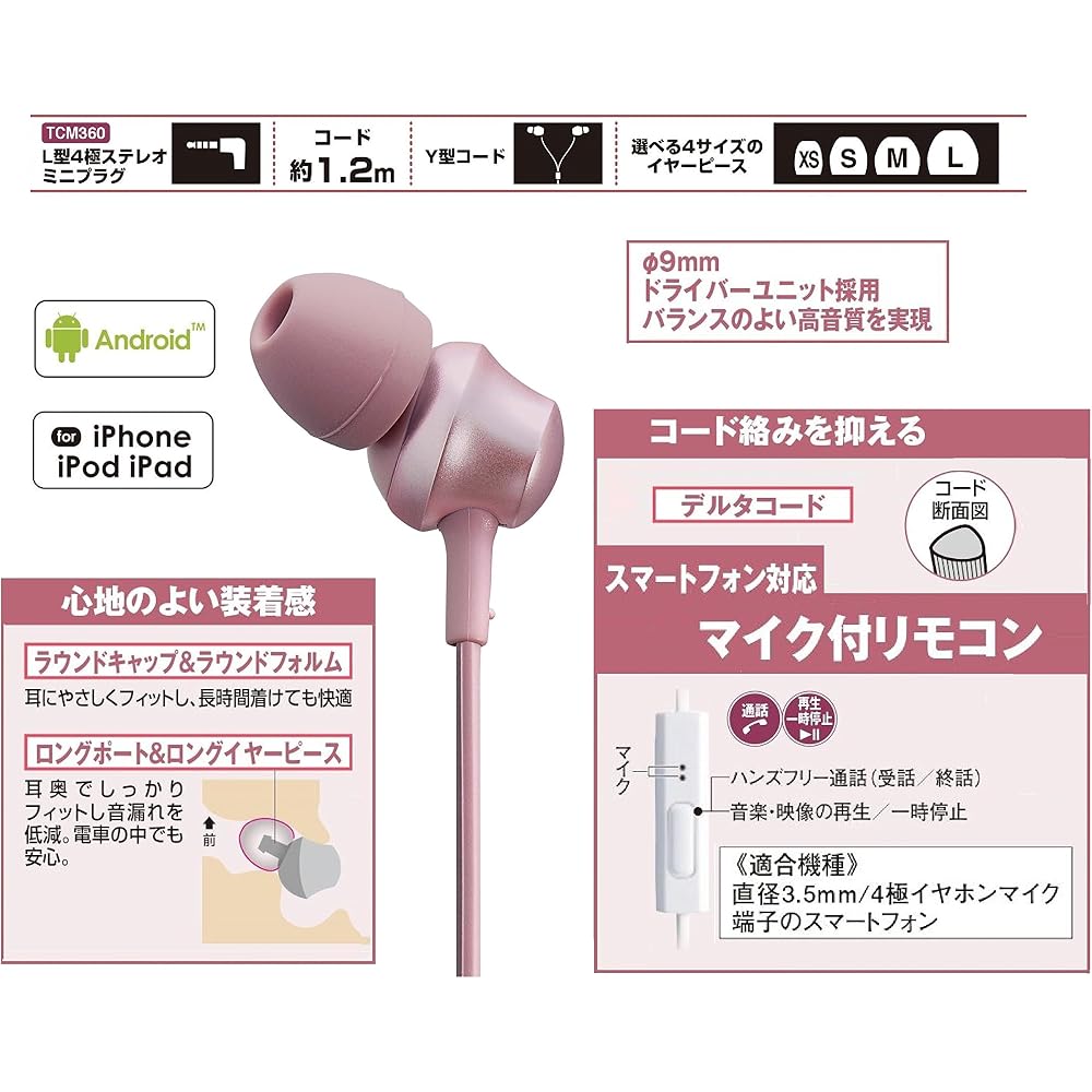 Panasonic In-Ear Headphones, Smartphone/iPhone Compatible, Pink, RP-TCM360-P