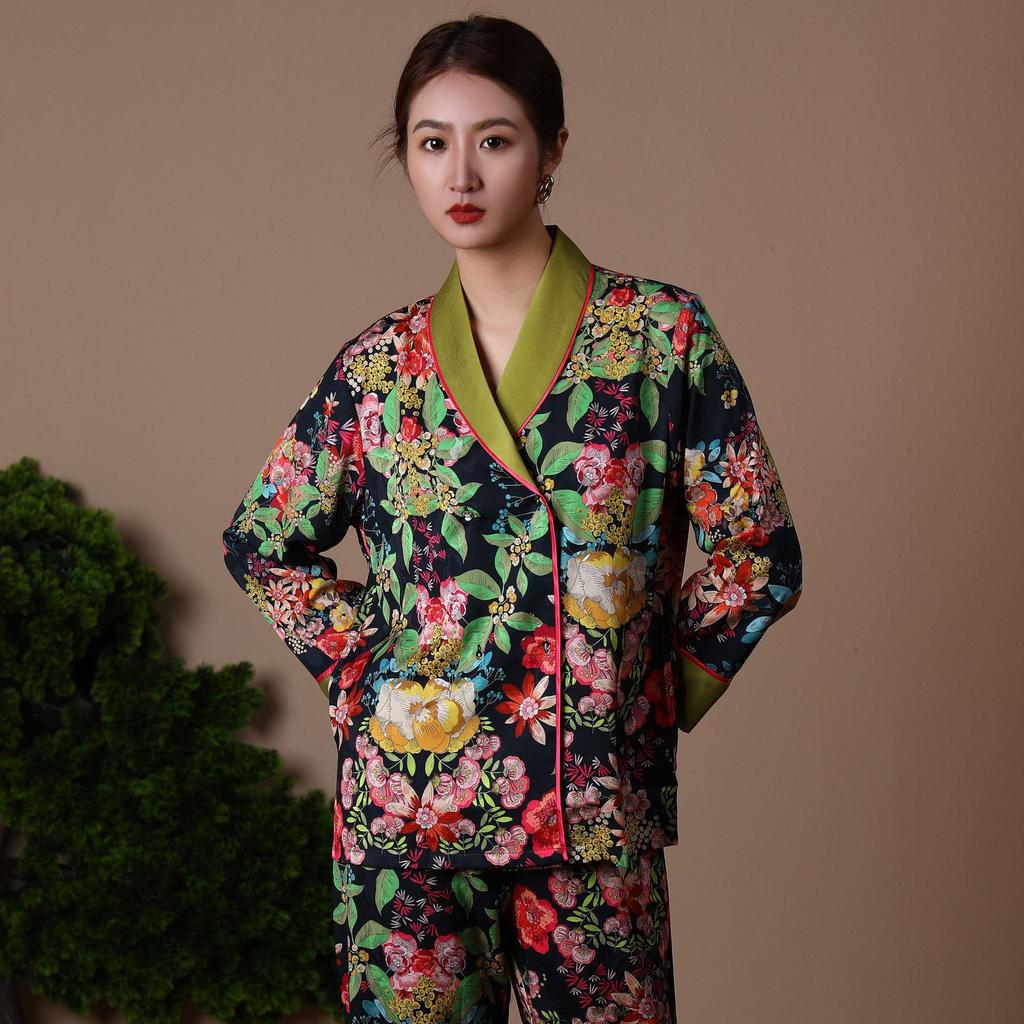 Pajamas for Women Outfits V Neck Flower Print Sleepwear Satin  Home Clothes Loose Nightwear 2 Piece Suit Pijama