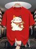 Unisex Summer Crew Neck Short Sleeve Tee Japanese Unisexeki Neko Lucky Cat Koi Fish Print Casual Loose Fashion Streetwear Daily Top