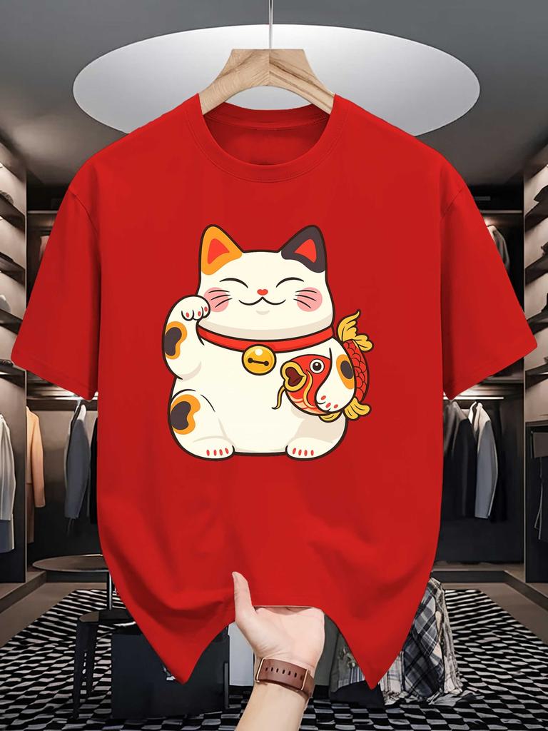 Unisex Summer Crew Neck Short Sleeve Tee Japanese Unisexeki Neko Lucky Cat Koi Fish Print Casual Loose Fashion Streetwear Daily Top