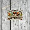 Welcome To The Nut House Sign - Cute Squirrel Vintage Aluminum Plaque Rustic Fall Outdoor Lawn Decor, Whimsical Design
