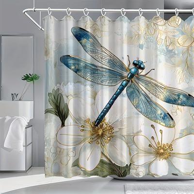 Eleganter Floraler Libellen Duschvorhang Blau Weiß Tierdruck Polyester mit Haken Moderne Badezimmerdekoration Ganzjahresnutzung