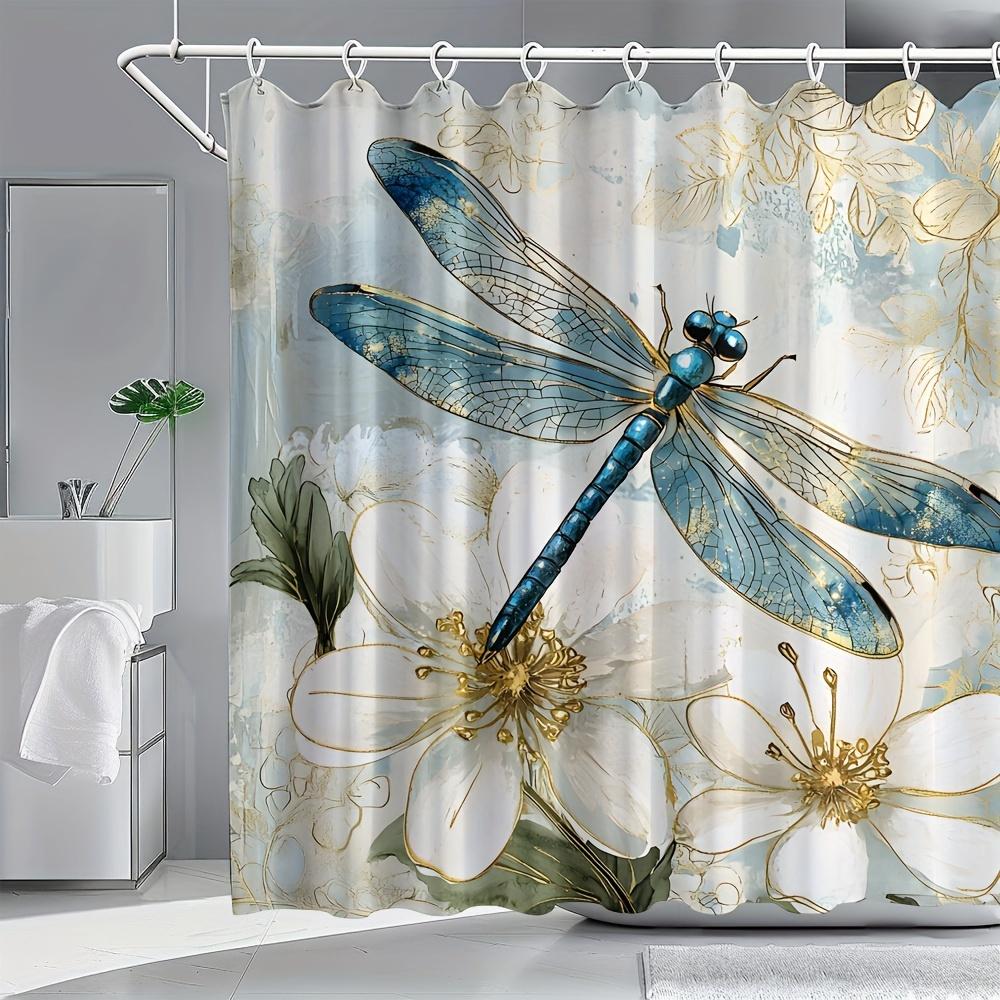 Elegant Floral Dragonfly Shower Curtain Blue White Animal Print Polyester with Hooks Modern Bathroom Decor All-Season Use