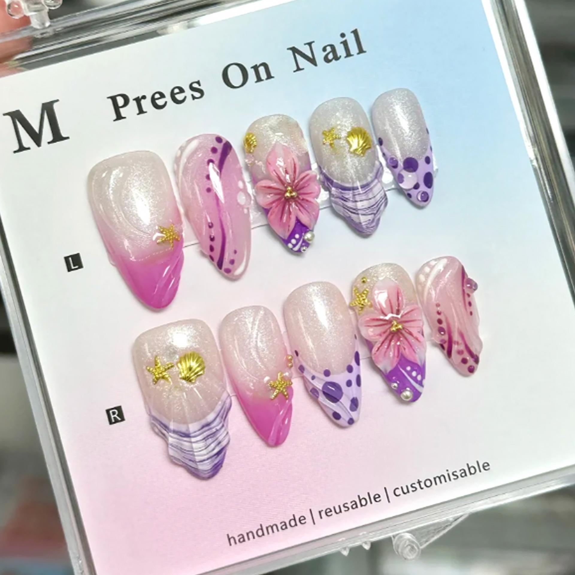 30 pieces of spring and summer popular beach pink romantic flower hand almond wearing nail advanced polka dot leopard print French manicure