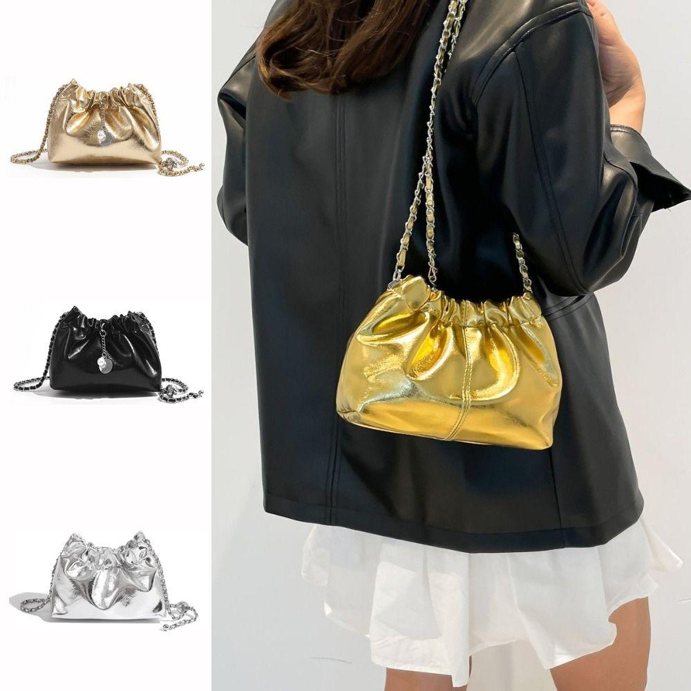 Vielseitige Leder Millennium Tasche mit Knitter-Design und Kettenriemen Umhängetasche Koreanischer Stil Umhängetasche für Damen