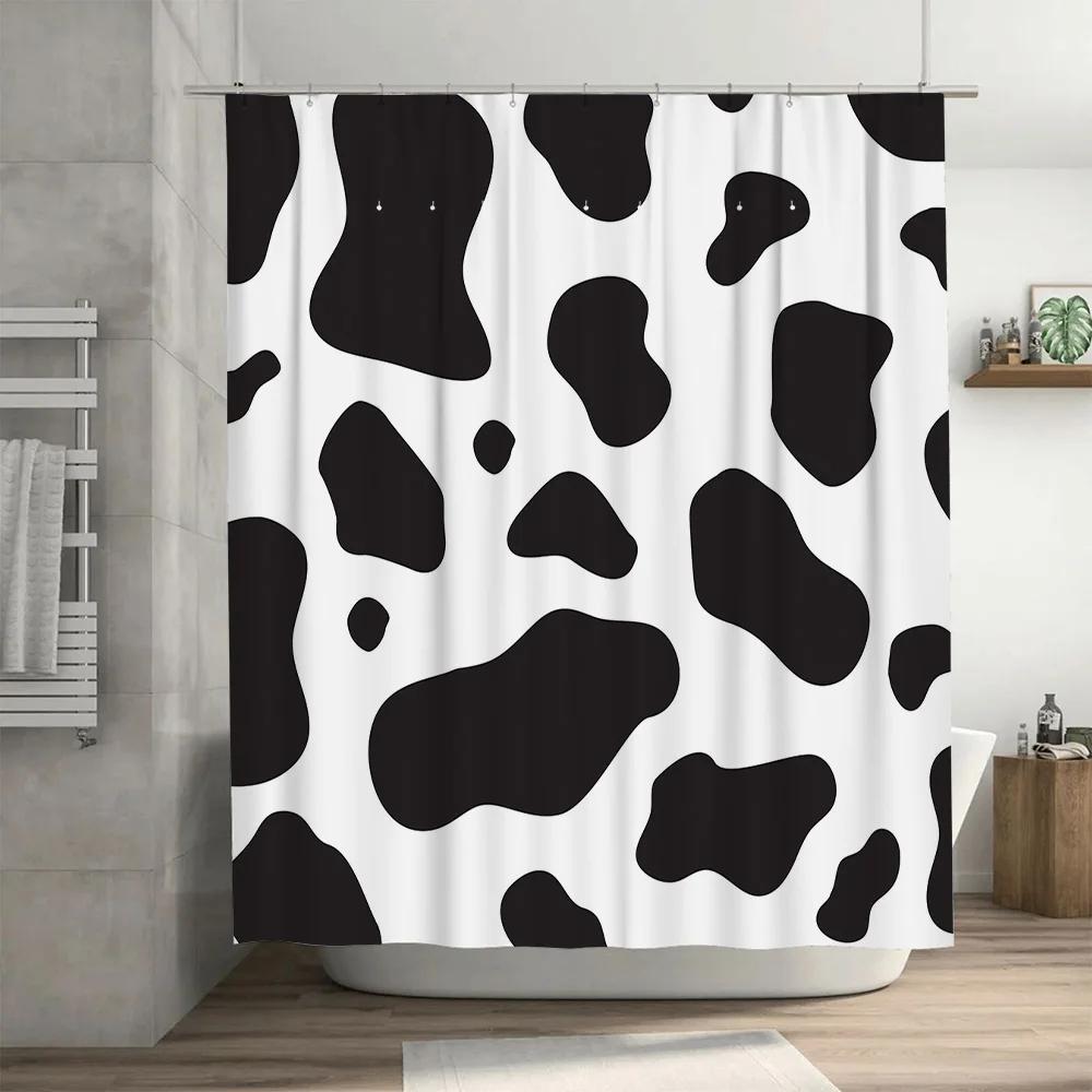 Black White Cow Print Shower Curtain Bathroom Decor, Modern Style Bathtub Liner With Rings For Home Bath (Large Size)