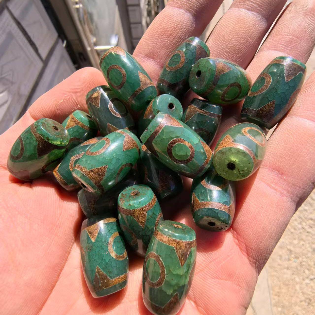Natural Agate Tibetan Green Three-Eyed Dzi Beads, 15×22mm Barley Offering, Loose Jewelry Accessory -
