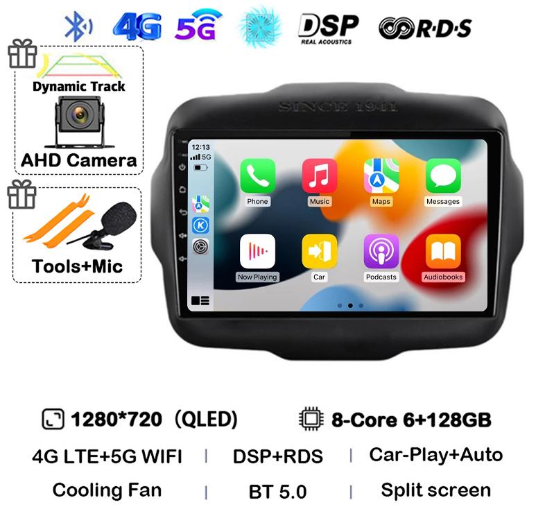 Android 14 Auto Carplay WIFI+4G LTE Car Radio For Jeep Renegade 2016 2017 2018 2019 2020 Multimedia Player GPS Stereo 360 Camera