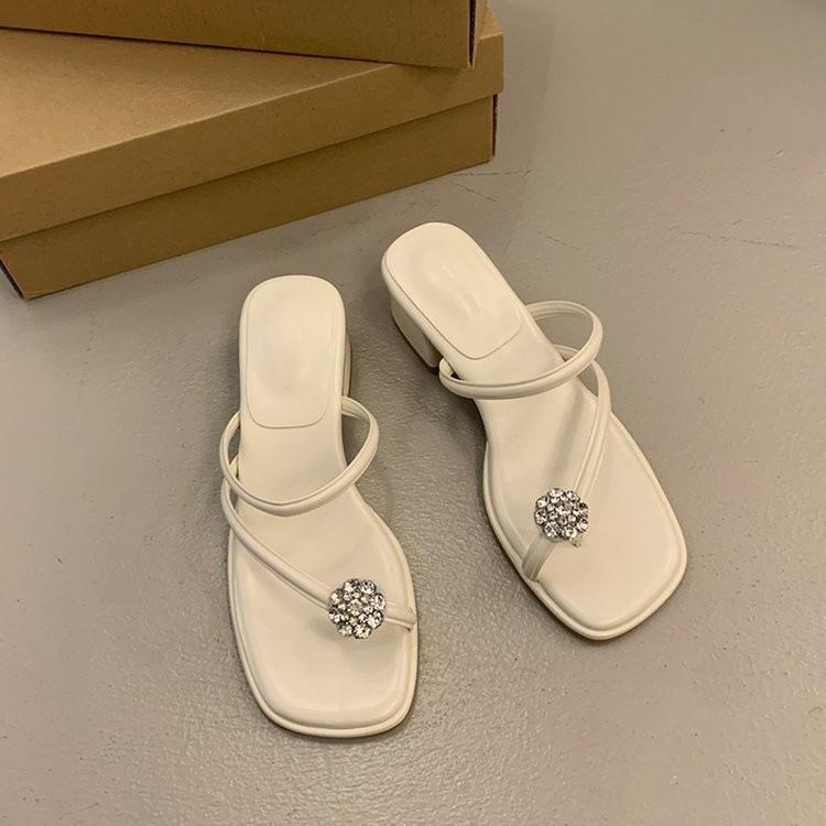 Minimalist ins rhinestone sandals women's summer legs long fashion one-word drag comfortable versatile lightweight square heel cool slippers