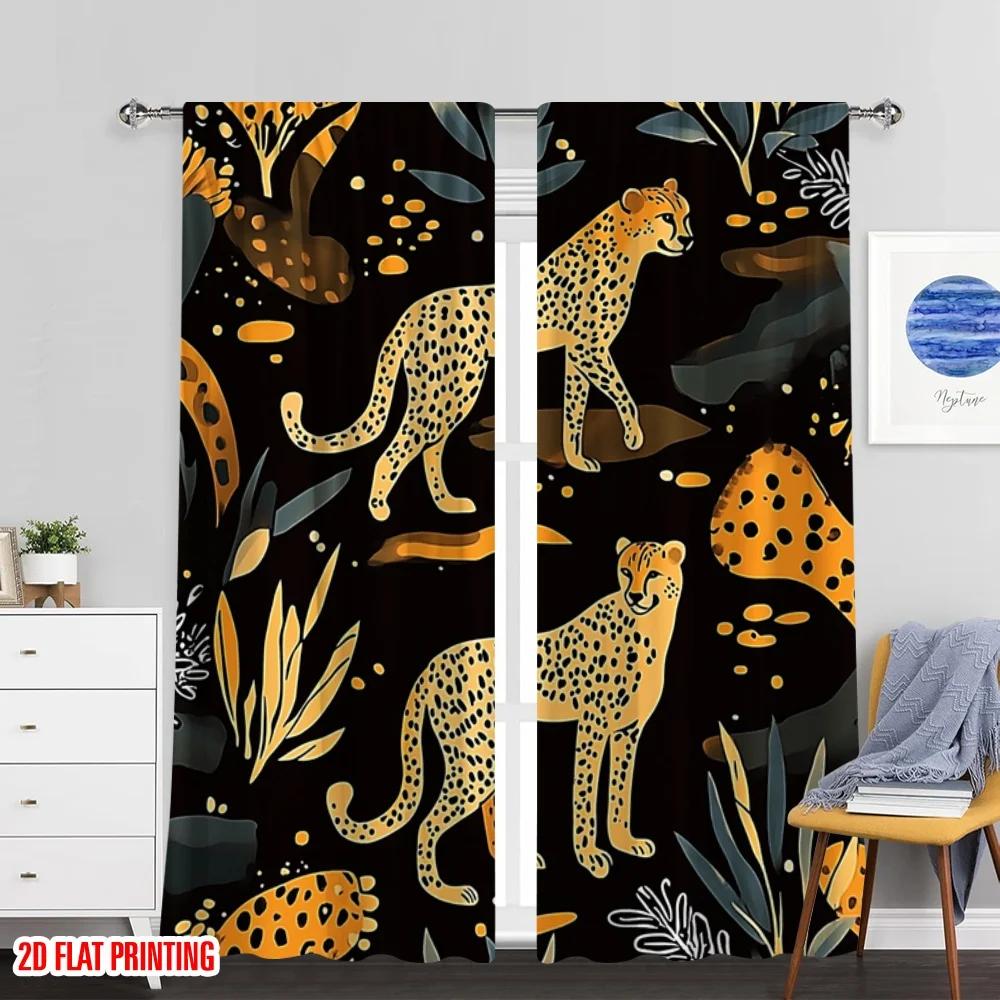 Flat Printing Party Curtains Cheetah Tropical Wildlife African Animal Abstract Polyester Without Curtain Set Of 2 Bohemian Made Washable