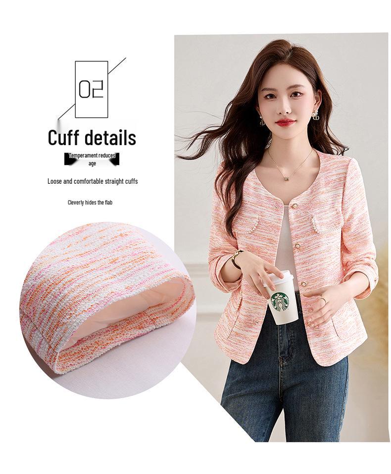 2025 Stylish Striped Beaded Round Neck Short Jacket – Spring & Autumn Collection