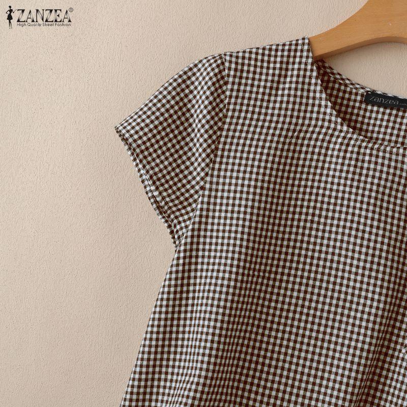 ZANZEA Women Grid Print Casual Round Neck Loose Short Sleeve Blouse