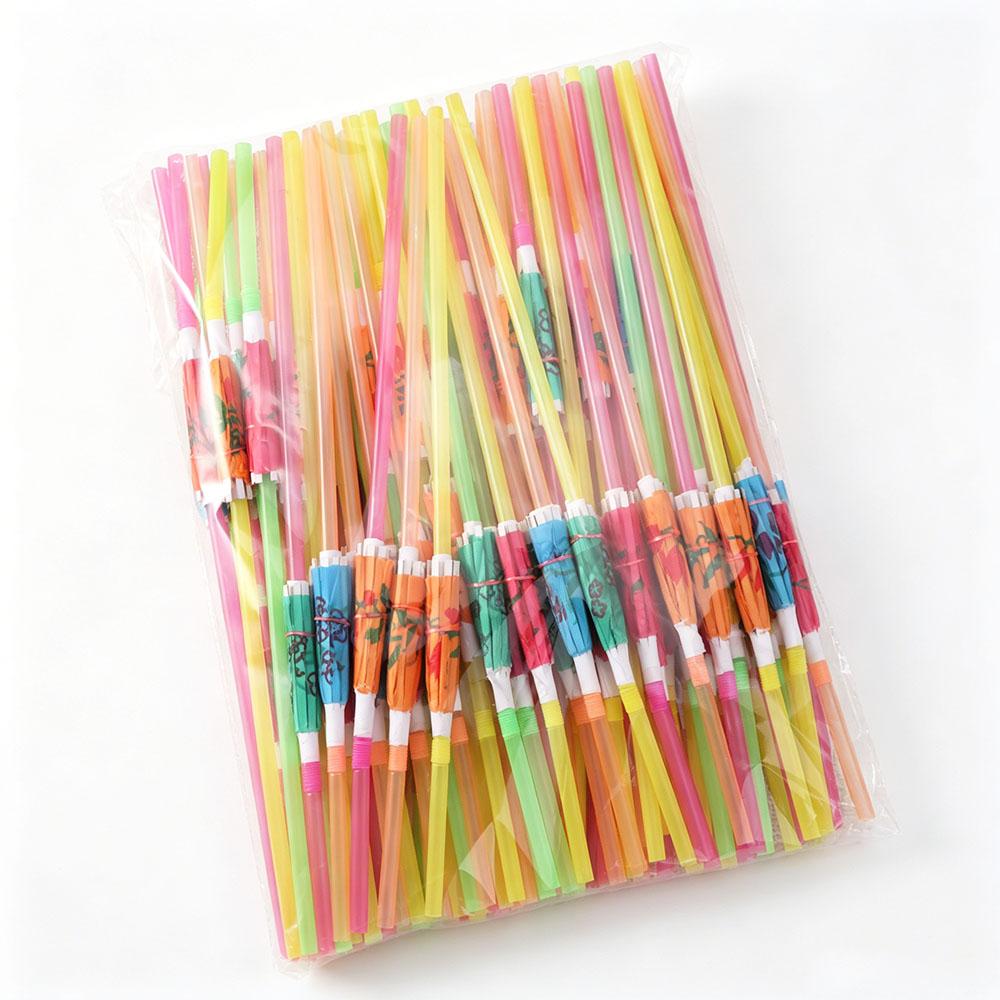 100pcs Restaurant Straws Disposable Umbrella Straws Plastic Mixed Color Hawaiian Party Drink Straws Parasol Drinking Straws Pool
