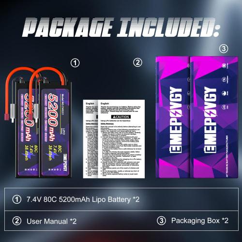 7.4V LiPo Battery, 5200mAh, 80C, 2S, Set of 2, with Deans T, Suitable for Various RC Cars and Trucks