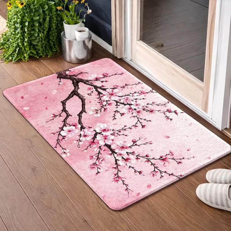 Watercolor Pink Cherry Blossom Branch Door Mat Non Slip Entrance Doormat Falling Sakura Petal Floral Pattern Floor Rug